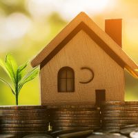 A miniature wooden model of a house stands on piles of coins from which small green plants grow