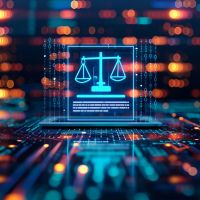 A glowing blue digital scale of justice displayed on a futuristic screen