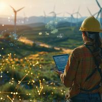 A female engineer monitors renewable energy infrastructure