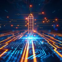 A futuristic representation of digital technology, featuring glowing circuit lines and a stylized skyscraper-like structure in the center