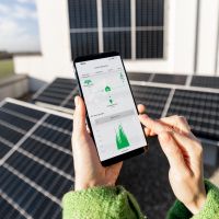 A person holds a smartphone displaying solar energy monitoring software
