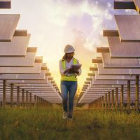 An engineer walks through a field of large solar panels at sunset