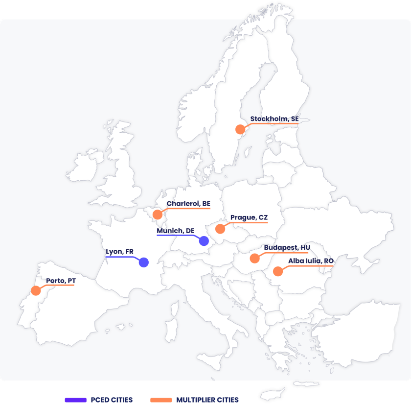Map of Europe highlighting PCED cities in blue: Lyon and Munich; and Multiplier cities in orange: Porto, Charleroi, Prague, Stockholm, Budapest, and Alba Iulia