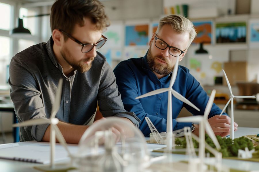 Two professionals involved in discussion of architectural model with wind turbines, green spaces and sustainable infrastructure