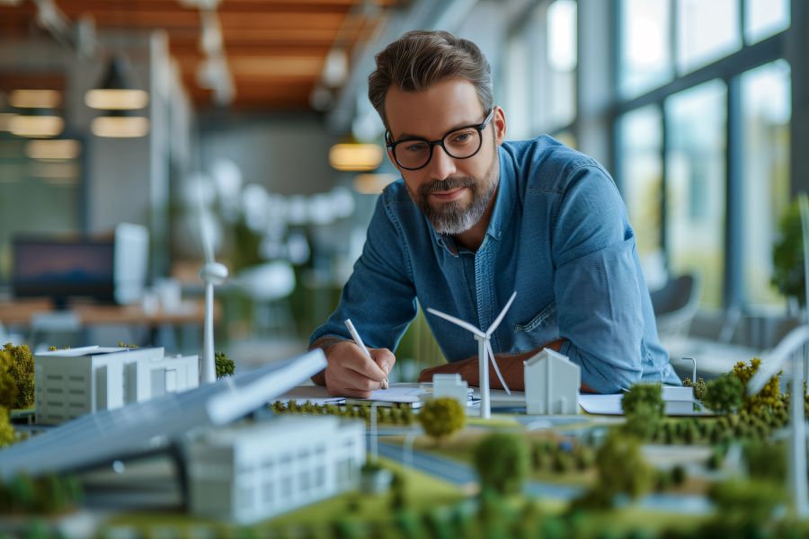 A person is working on a detailed architectural model of a sustainable city in a modern office