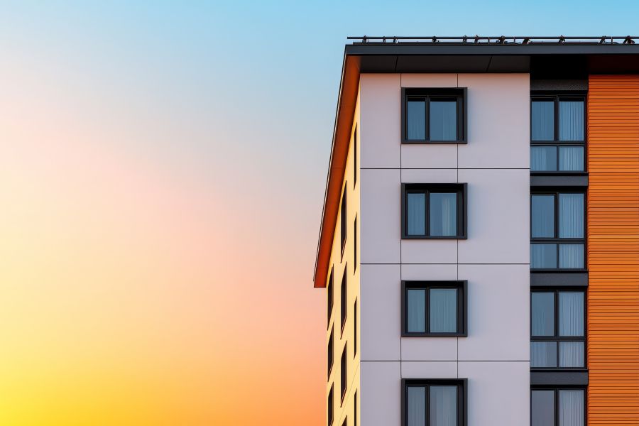 A building with a minimalist design in a sunset glow