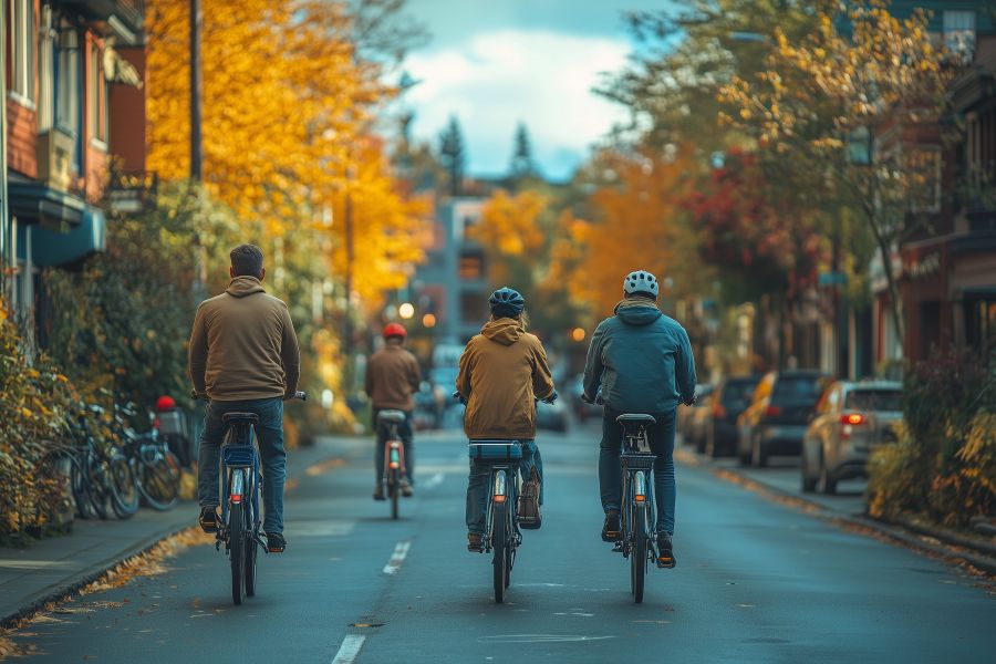 A group of people riding their bicycles along a street in autumn