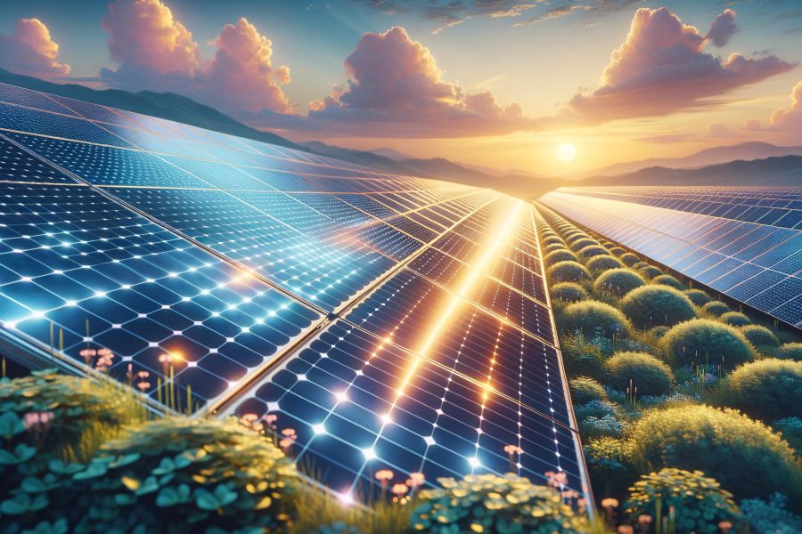 A vast solar farm stretching towards the horizon