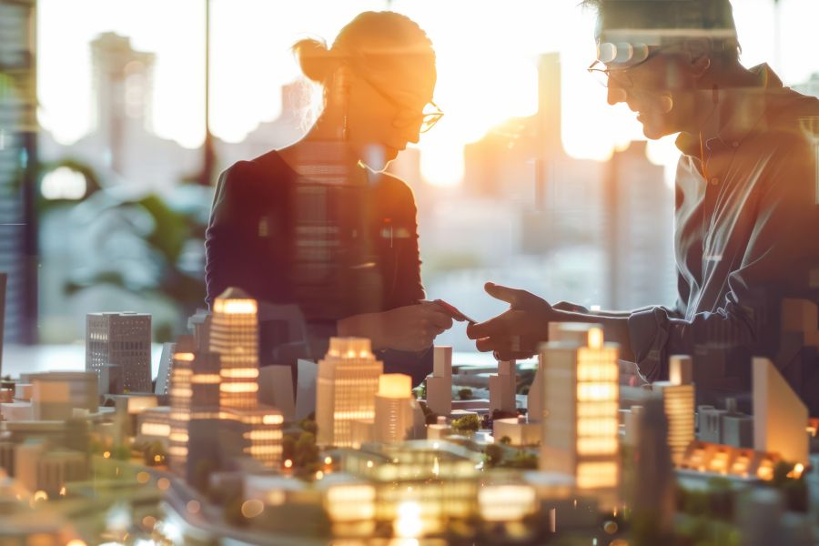 Two-person discussion over an illuminated architectural model of the city